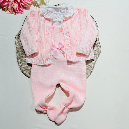 Conjunto Matilde em malha - 3M e 6M - Rosa bebé