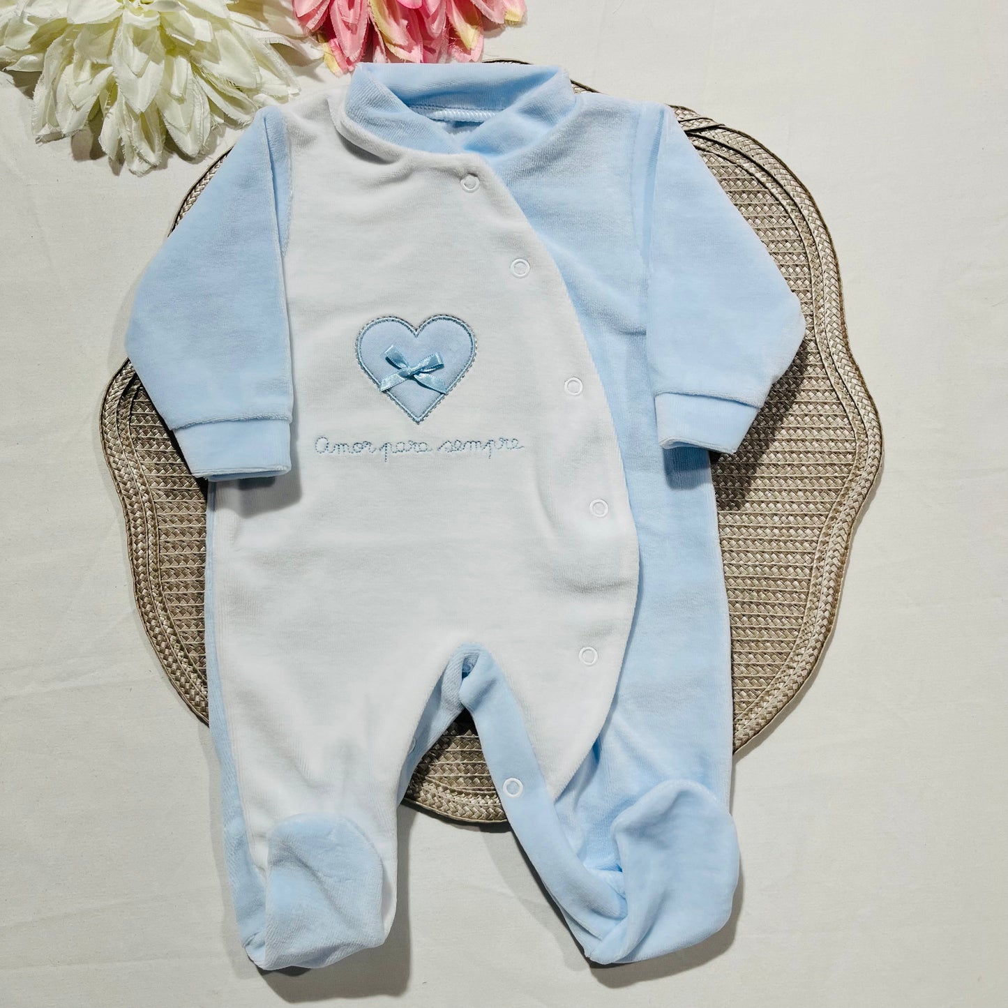 Primeira roupinha em veludo para recém-nascido - Azul bebé - Amor