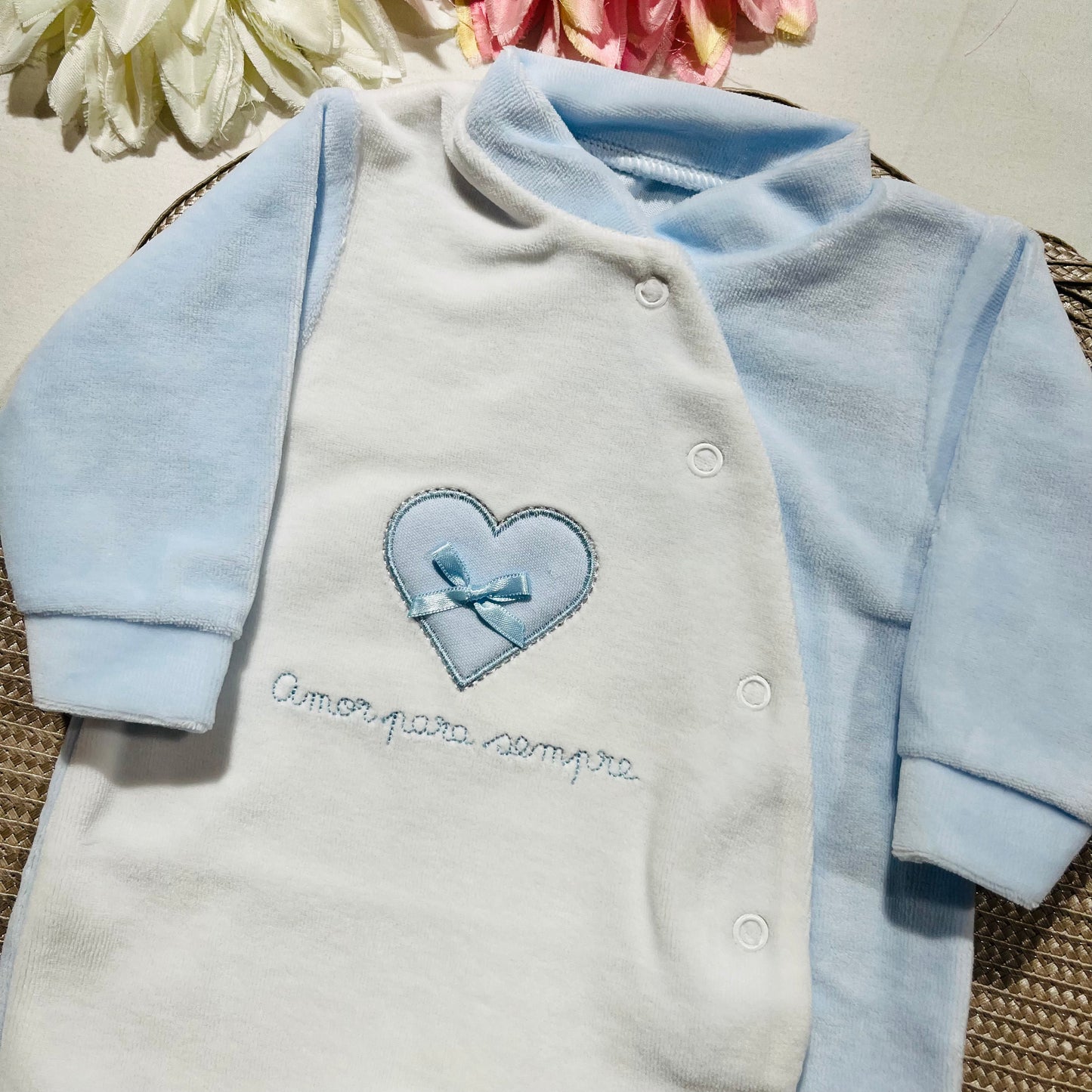 Primeira roupinha em veludo para recém-nascido - Azul bebé - Amor