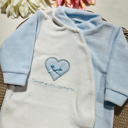 Primeira roupinha em veludo para recém-nascido - Azul bebé - Amor