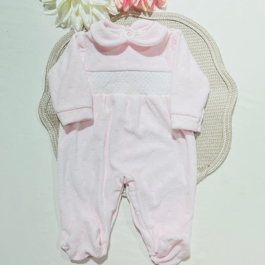 Babygrow  em veludo - Favo de mel - 1 aos 12M - Rosa bebé