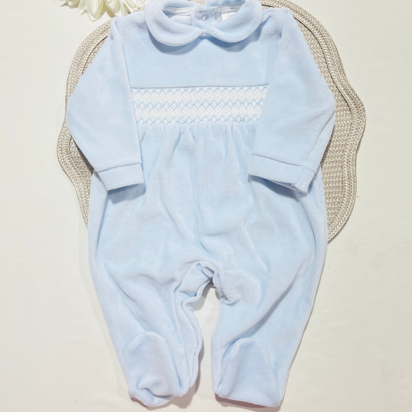Babygrow  em veludo - Favo de mel - 1 aos 12M - Azul bebé