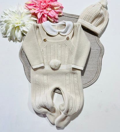 Conjunto Pompom de malha  para bebé - Areia - 0/2M