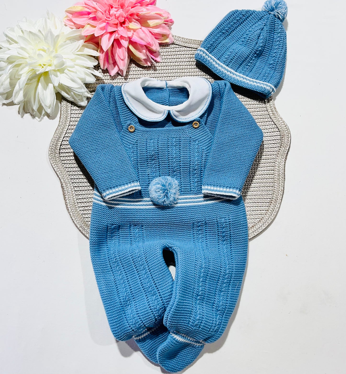 Conjunto Pompom de malha  para bebé - Azul cobalto - 0/2M