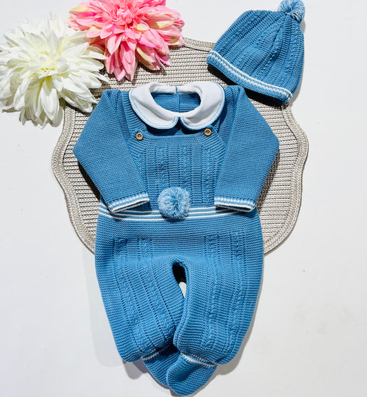 Conjunto Pompom de malha  para bebé - Azul cobalto - 0/2M