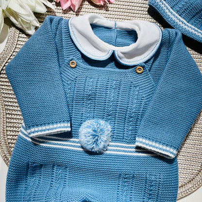 Conjunto Pompom de malha  para bebé - Azul cobalto - 0/2M