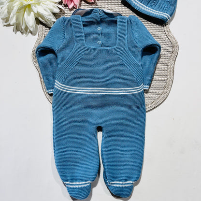 Conjunto Pompom de malha  para bebé - Azul cobalto - 0/2M