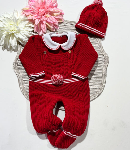 Conjunto Pompom de malha  para bebé - Vermelho - 0/2M