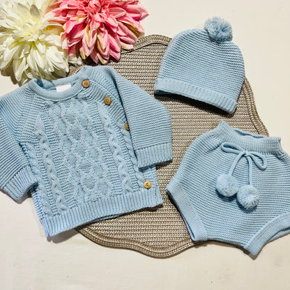 Conjunto em malha para bebé 3 peças - 0/3M - Azul bebé