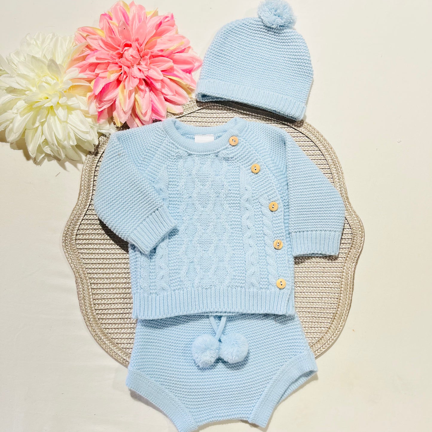 Conjunto em malha para bebé 3 peças - 0/3M - Azul bebé