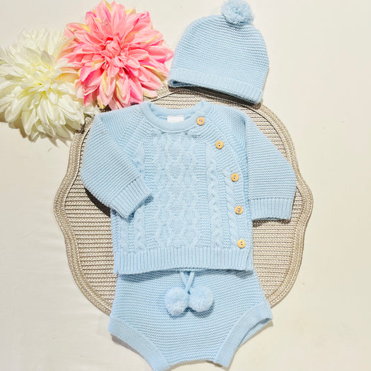 Conjunto em malha para bebé 3 peças - 0/3M - Azul bebé