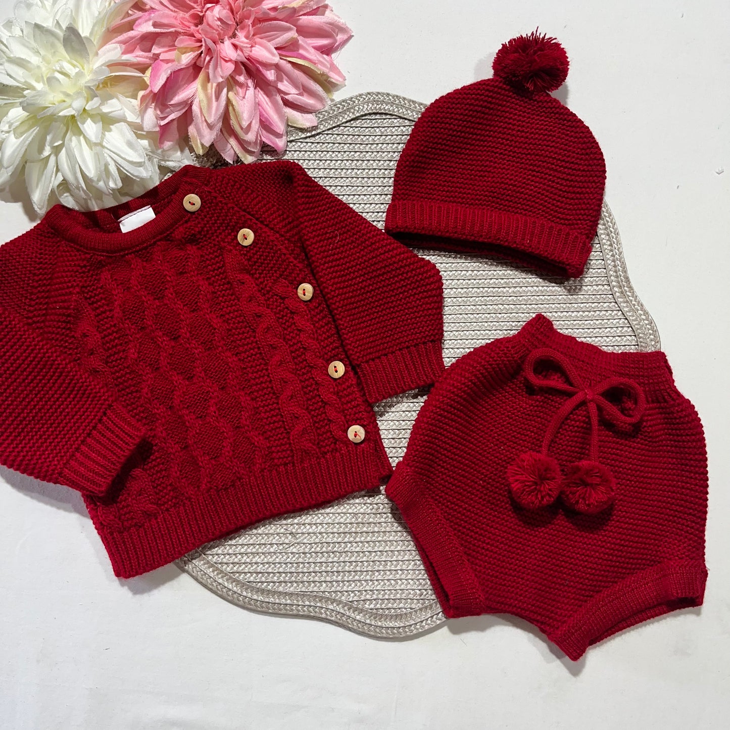 Conjunto em malha para bebé 3 peças - 0/3M - Vermelho