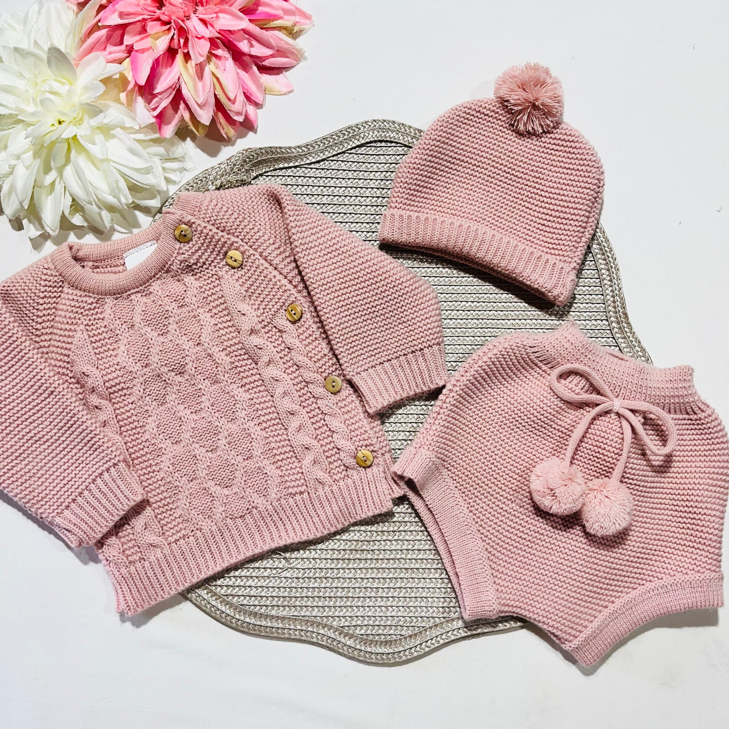 Conjunto em malha para bebé 3 peças - 0/3M - Rosa velho