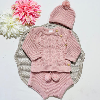Conjunto em malha para bebé 3 peças - 0/3M - Rosa velho
