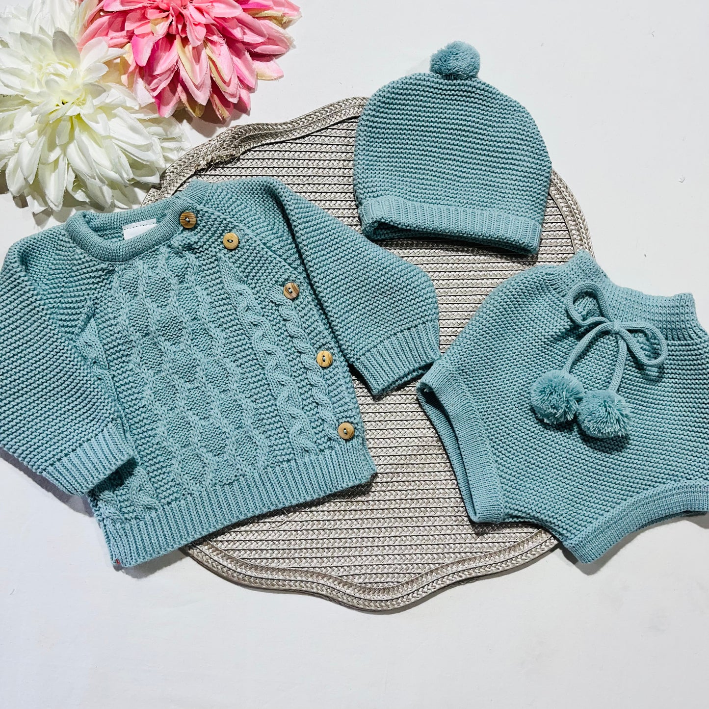 Conjunto em malha para bebé 3 peças - 0/3M - Verde água