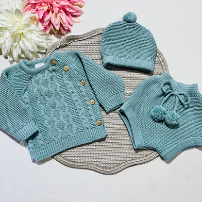 Conjunto em malha para bebé 3 peças - 0/3M - Verde água