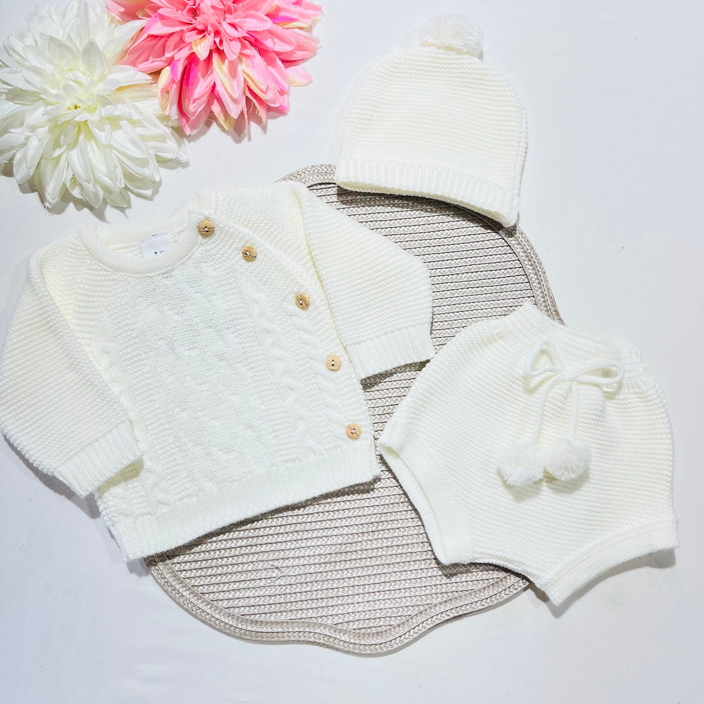 Conjunto em malha para bebé 3 peças - 0/3M - Pérola