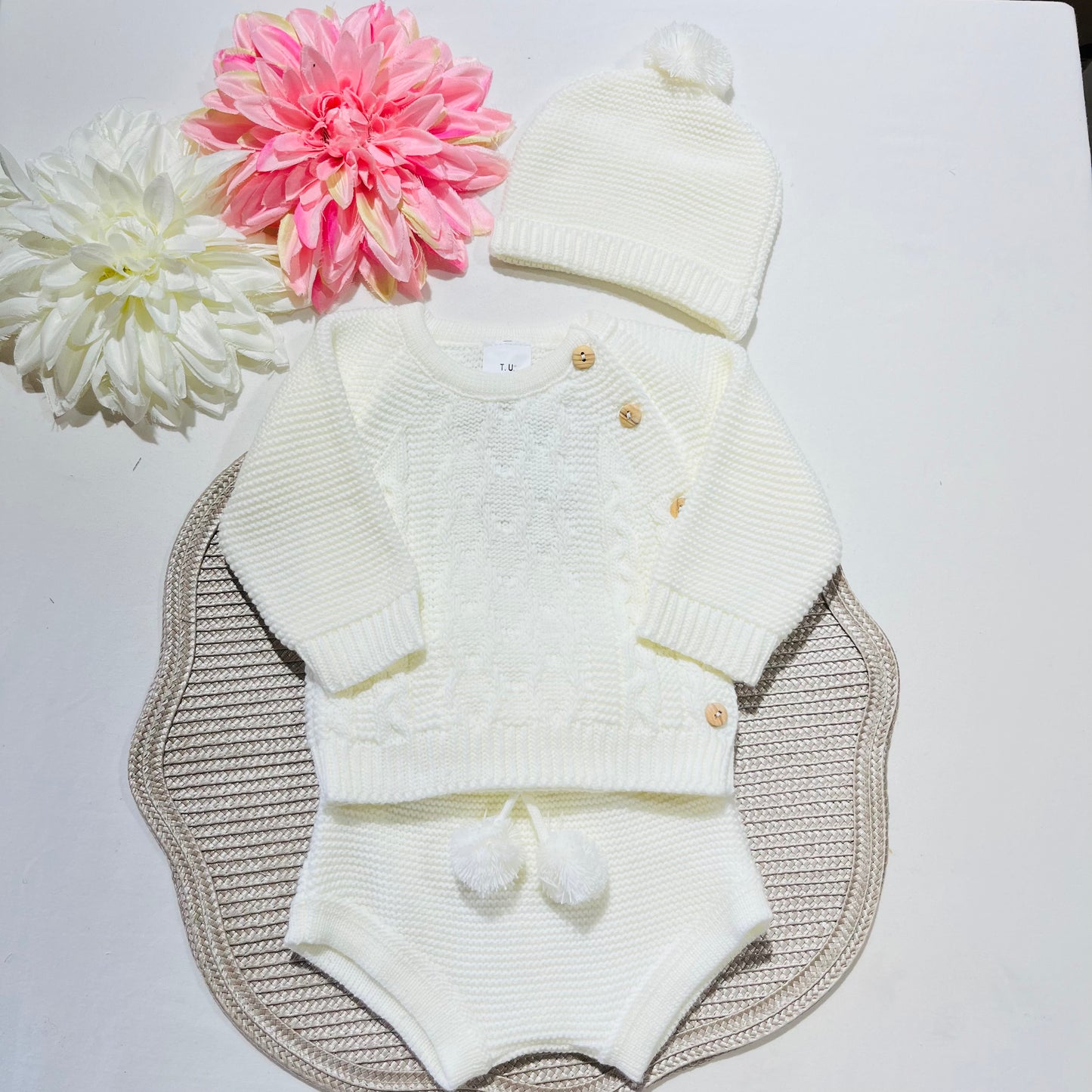 Conjunto em malha para bebé 3 peças - 0/3M - Pérola