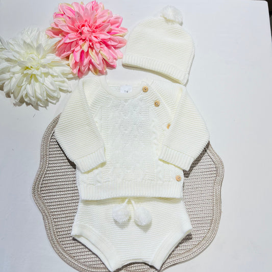 Conjunto em malha para bebé 3 peças - 0/3M - Pérola