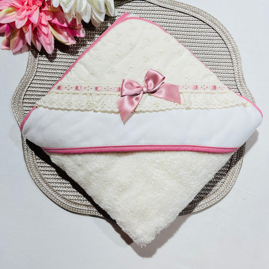 Toalha de Banho em algodão para Bebé com bordado inglês -Rosa velho