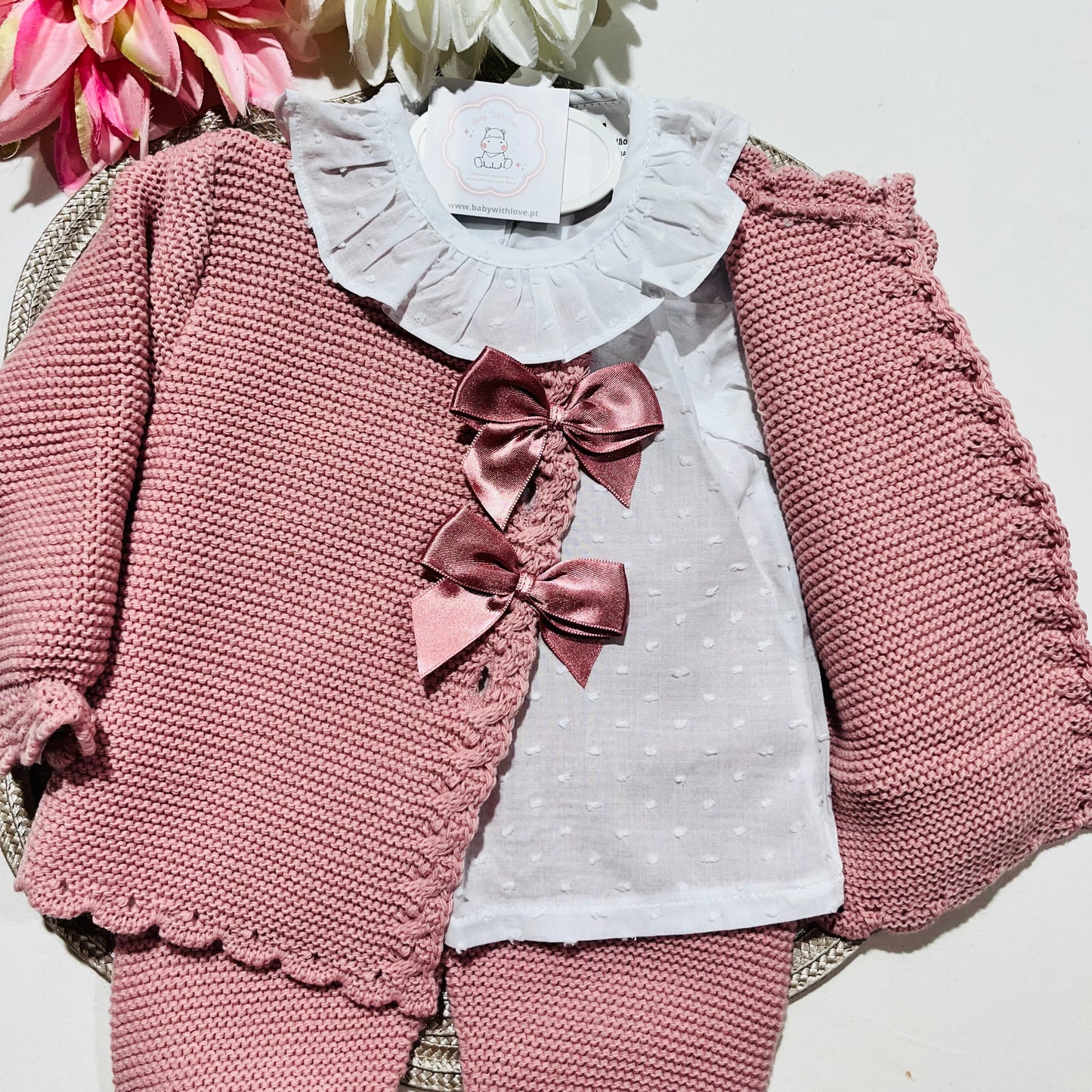Conjunto Tricot com blusa Plumeti - Rosa Velho - 6 e 12M