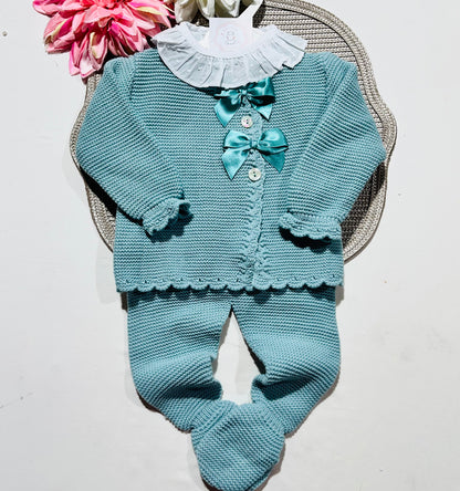 Conjunto Tricot com blusa Plumeti - Verde água - 6 e 12M
