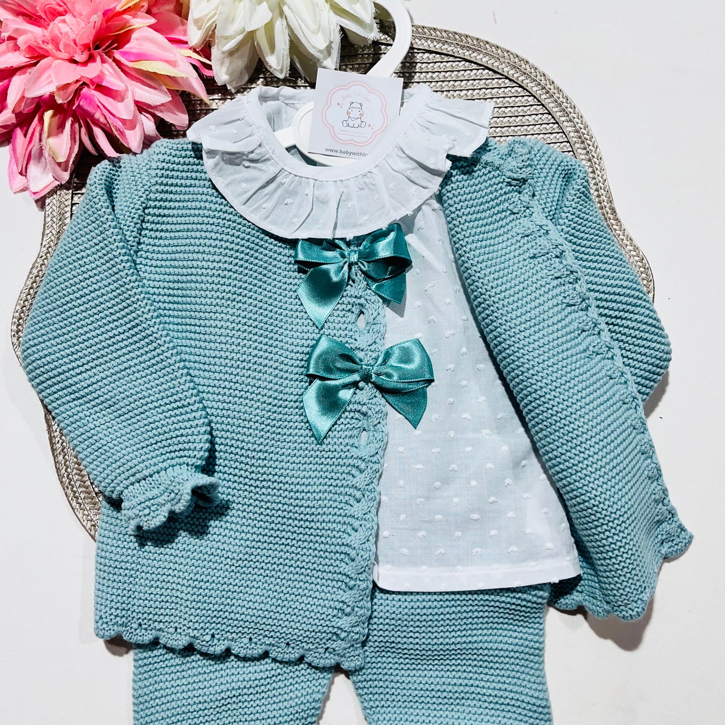 Conjunto Tricot com blusa Plumeti - Verde água - 6 e 12M