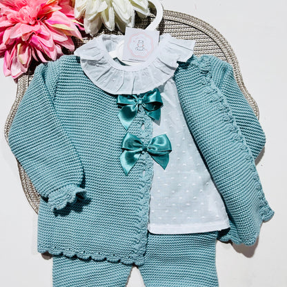 Conjunto Tricot com blusa Plumeti - Verde água - 6 e 12M