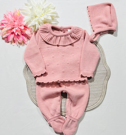 Conjunto em malha para bebé - Bia - 1/3M - Rosa velho