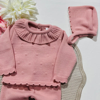 Conjunto em malha para bebé - Bia - 1/3M - Rosa velho