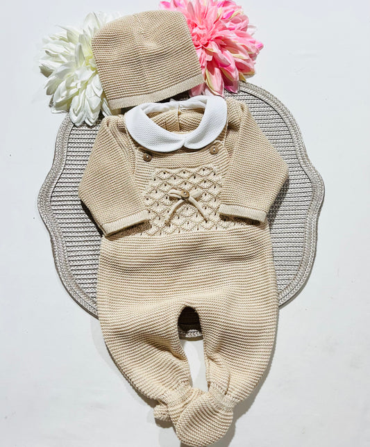 Conjunto jardineira em algodão para bebé - 3 peças - Areia