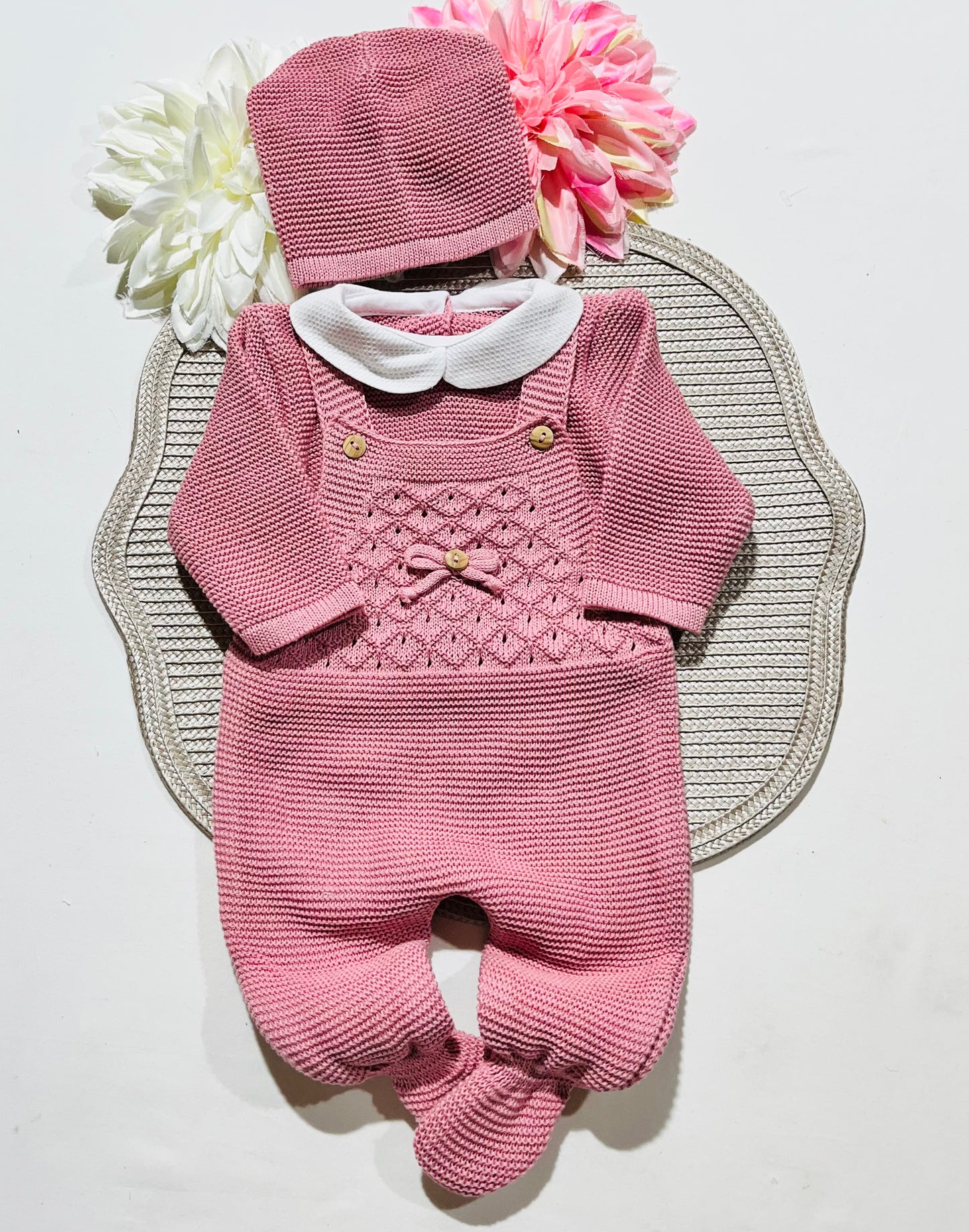 Conjunto jardineira em algodão para bebé - 3 peças - Rosa velho