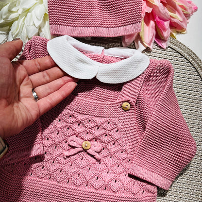 Conjunto jardineira em algodão para bebé - 3 peças - Rosa velho