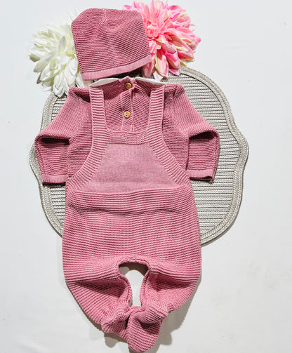 Conjunto jardineira em algodão para bebé - 3 peças - Rosa velho