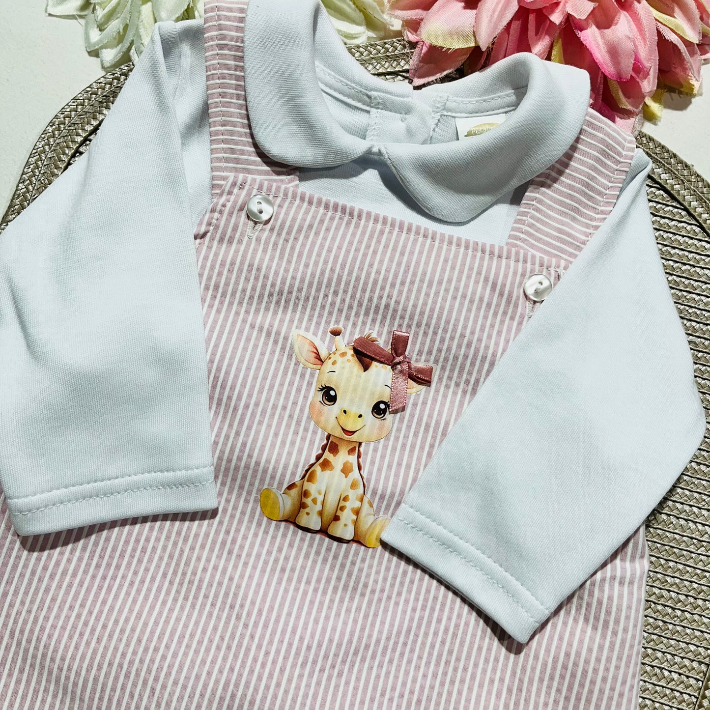 Conjunto Girafinha em algodão - 3 aos 12M - Rosa  bebé