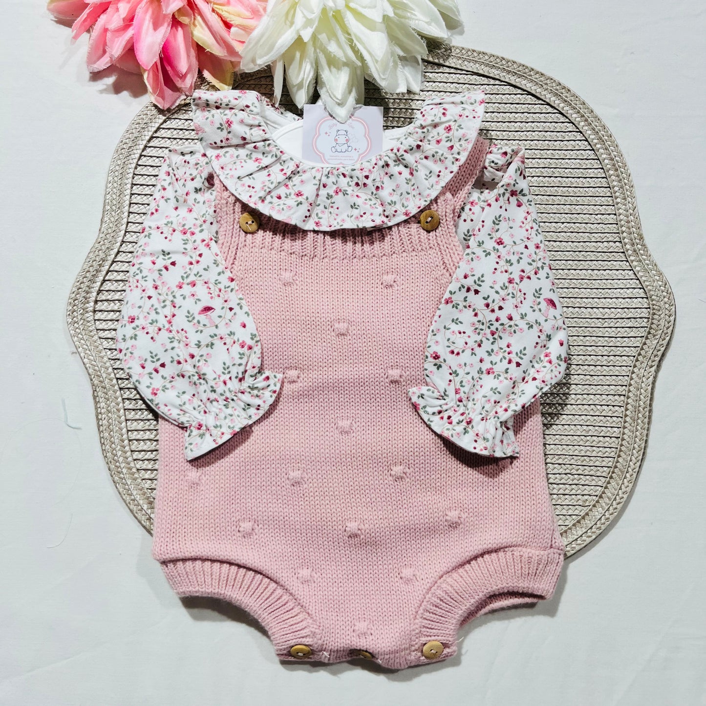 Conjunto em malha para bebé - Madalena - 1 aos 12M - Rosa velho