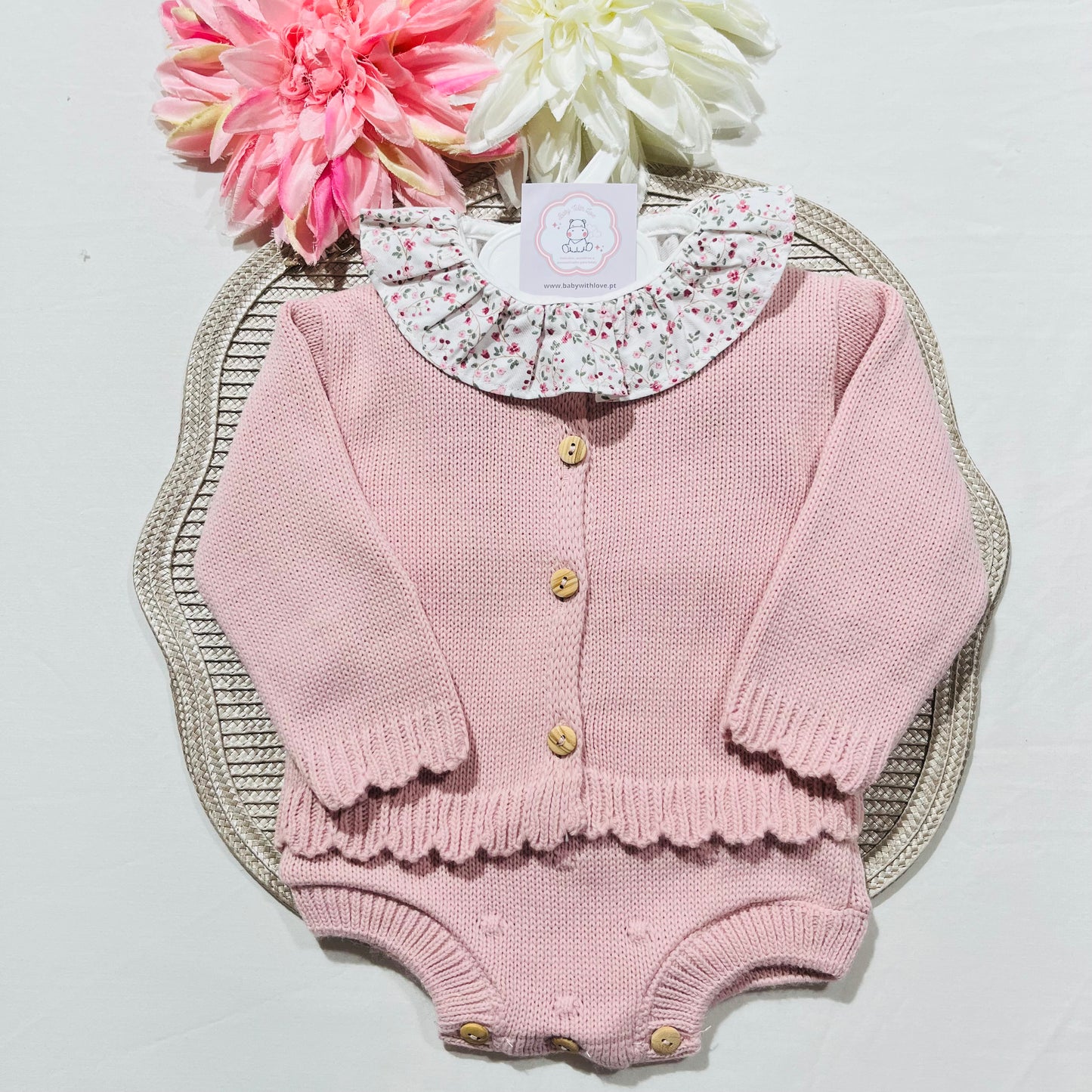 Conjunto em malha para bebé - Madalena - 1 aos 12M - Rosa velho