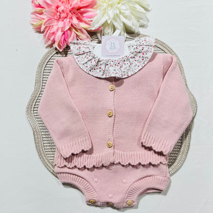 Conjunto em malha para bebé - Madalena - 1 aos 12M - Rosa velho
