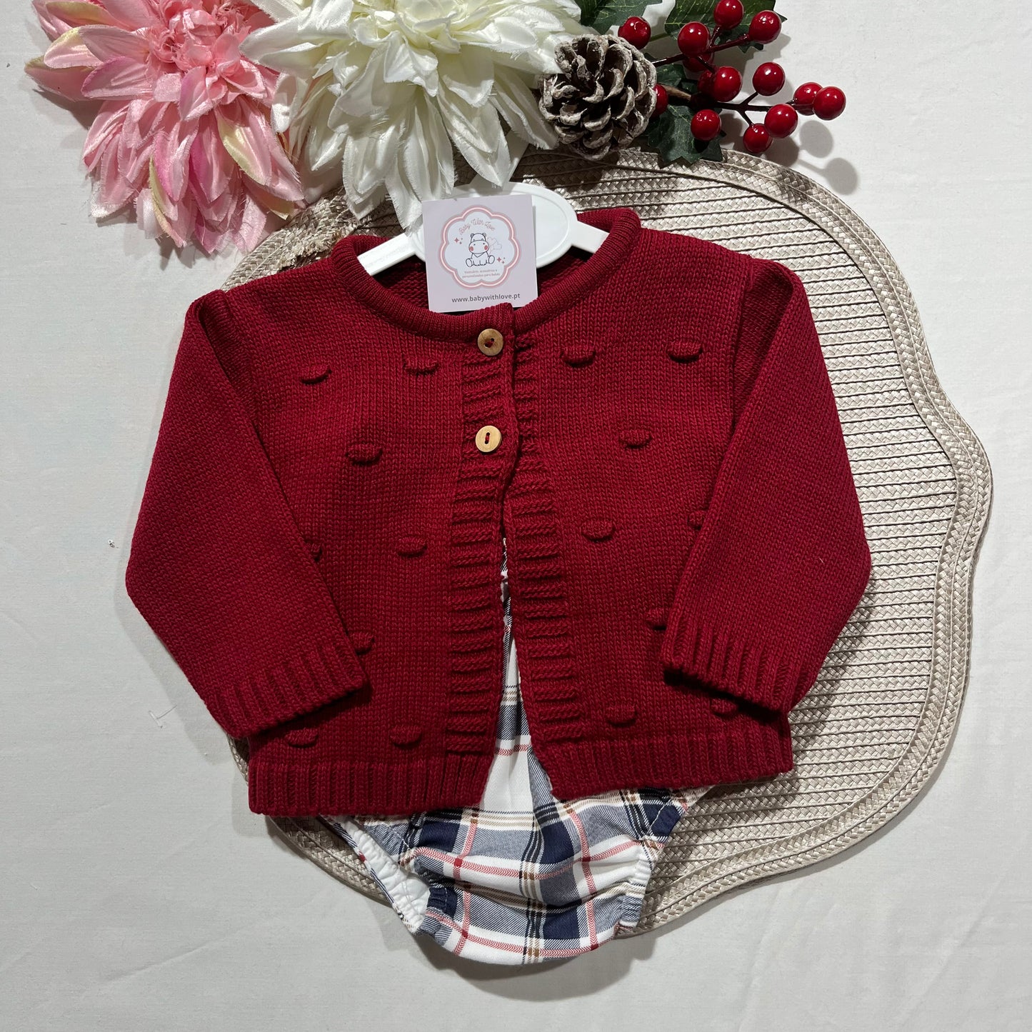 Conjunto Casaco e fofo com laço para bebé - 1 aos 12M - Vermelho