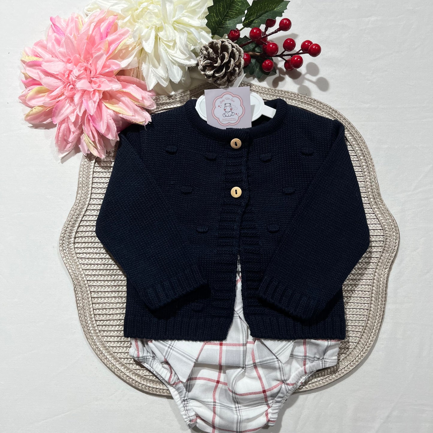 Conjunto Casaco e fofo com laço para bebé - 1 aos 12M - Azul Marinho