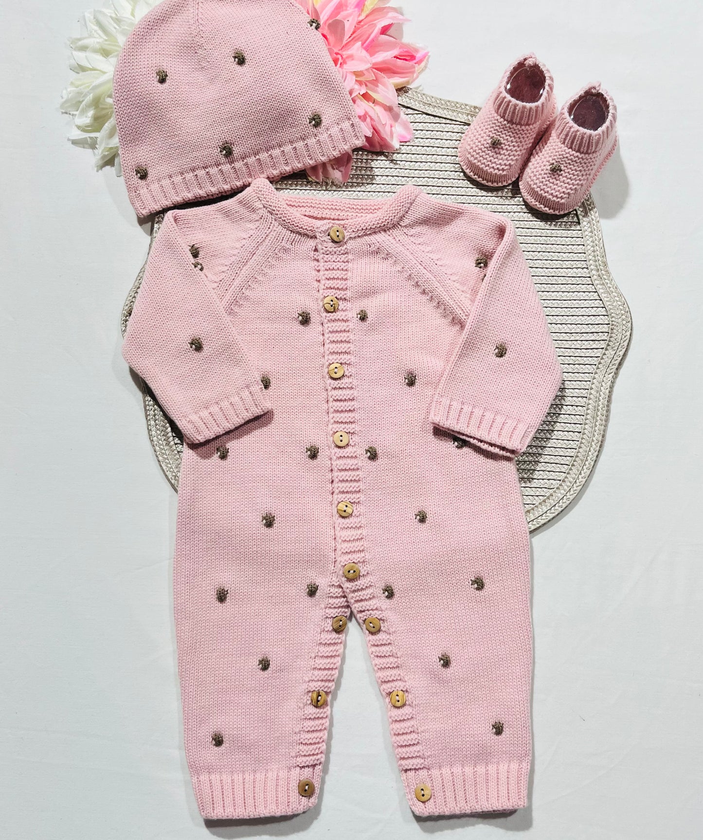 Conjunto Pompom colorido para bebé - 1/3 e 3/6M - Rosa velho