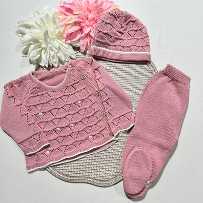 Conjunto Zizaque para bebé em algodão - 0/3M - Rosa velho