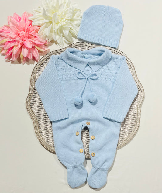 Conjunto Macacão e gorro para bebé - 0/2M - Azul bebé