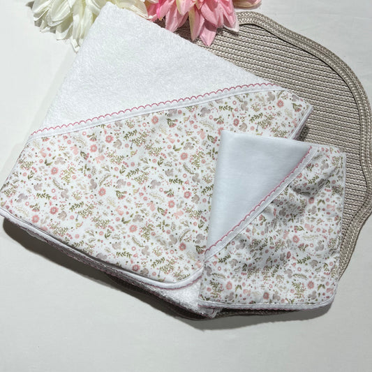 Conjunto Flor - Toalha + fralda em algodão - Rosa velho