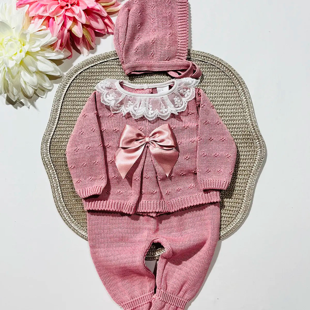 Conjunto de bebé, camisola, calça e touca - 100% algodão - Rosa Velho