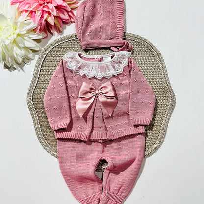 Conjunto de bebé, camisola, calça e touca - 100% algodão - Rosa Velho