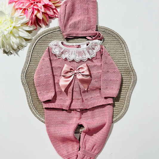 Conjunto de bebé, camisola, calça e touca - 100% algodão - Rosa Velho