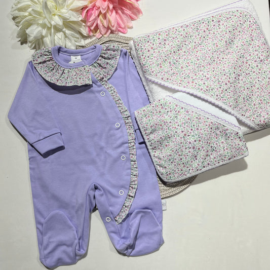 Conjunto Flor - Babygrow + toalha + fralda em algodão - Lavanda