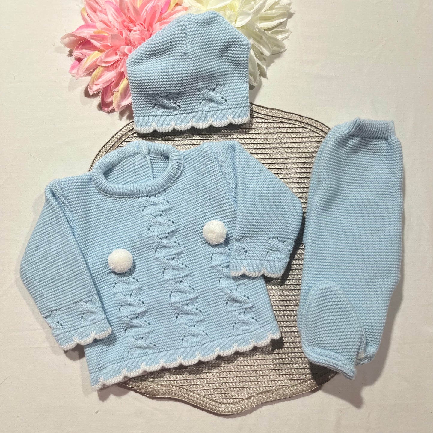 Conjunto Pompons para bebé - 1/3M - Azul bebé