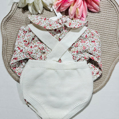 Conjunto Flor em malha para bebé - 1 aos 12M - Pérola